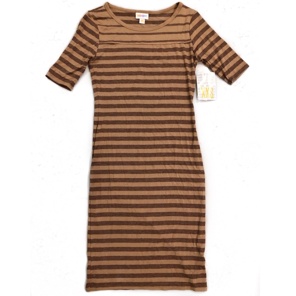 LuLaRoe Julie Brown Striped Midi Dress XXS NWT 90s Minimalist Fitted Neutral